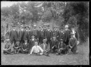 Probably a group of officials and stewards at the first Ohura APH & I Association show, Nihoniho, Ruapehu District