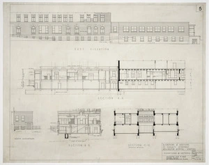 Haughton, Son & Mair, architects :Alterations and additions to Casualty Department, Wellington Hospital, Newtown. Elevations & sections. [No] 5. 17 Apr 1956