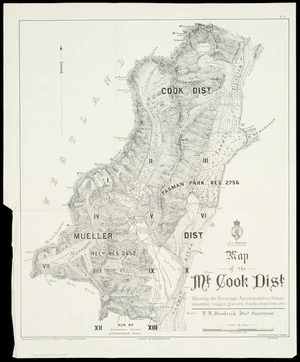 Map of the Mt. Cook Dist. : shewing the Hermitage accommodation house, mountain ranges, glaciers, tracks, reserves, etc. / T.N. Brodrick, dist. surveyor ; W.A. Styche, del.