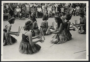 Girls of Pakotai School demonstrating ti rakau (Maori stick games)