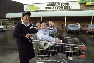 Big Fresh staff celebrate the arrival of wine at the supermarket - Photograph taken by Craig Simcox