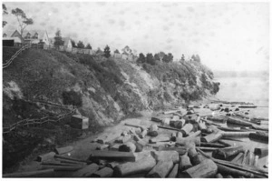 Logs on a beach at Freemans Bay, Auckland; later the site of a gas works