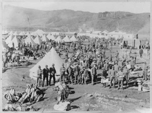 World War I soldiers outside tents at Trentham Military camp, Upper Hutt, Wellington