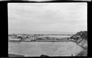 View from a hill towards lagoon and spit, Port Ahuriri, Napier