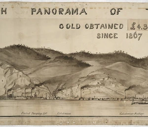 Severn, Henry A :Sketch panorama of Thames Goldfield. Gold obtained since 1867 ... [Section four of seven]. - [1875?]