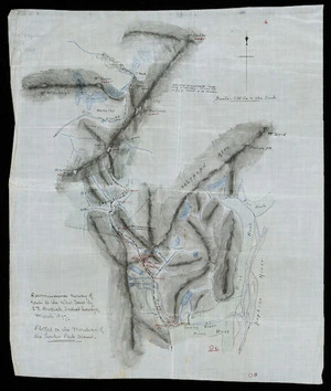 Brodrick, Thomas Noel, 1855-1931 :Reconnaissance survey of route to the West Coast by T N Brodrick, District Surveyor, March, 1897, plotted on the meridian of the Lindus Peak circuit [ms map].