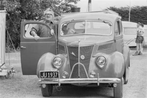 Sal Hyde and his 1937 Ford Coupe car, Paraparaumu - Photograph taken by Peter Avery
