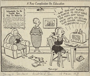Sanders, James E, fl 1949-1970 (Sandy) :A new complexion on education. '..and now get mummy or auntie to help wash the mess off your face while we resume our charm lesson tomorrow..' 15 March, 1948