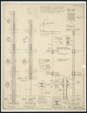 Atkins & Mitchell, architects :New building and alterations to existing premises, Cuba Street Wellington for Patrick's Drapery Stores Ltd. Scale 1/2 [inch] to 1 foot. Steel and re-inforcement details. Drawing No. 15. November 1930