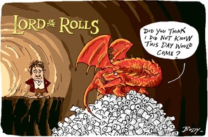 Lord of he Rolls - Bilbo Baggins in 'The Hobbit' facing Smaug the dragon guarding a treasure trove of toliet rolls during COVID-19 pandemic