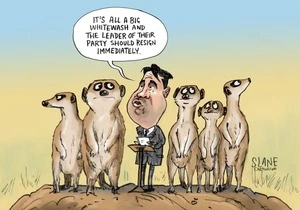 Simon Bridges surrounded by worried meerkats as he says "Its all a big whitewash and the leader of their party should resign immediately"