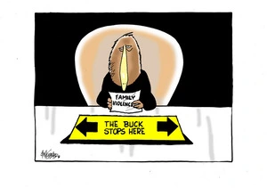 A Kiwi bird reads about 'Family Violence' next to a sign 'The buck stops here'