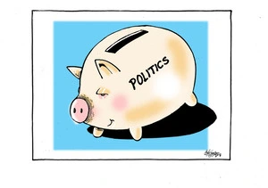 A 'Politics' piggy bank looking sad