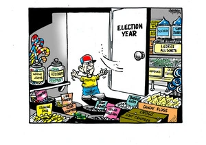 A 'Politics' little boy triumphantly opens the 'Election Year' door to a lolly shop full of sweets including 'Whine gums' and 'Suckers'.