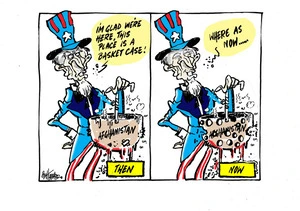 Uncle Sam holds an 'Afghanistan' army helmet, the "basket case" which is now riddled with more holes
