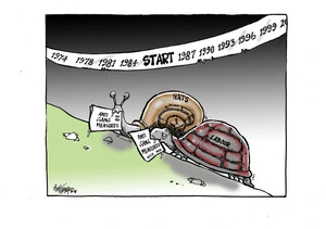 The 'Nats' and 'Labour' snails carry 'Anti gang measures' newspapers as they race to the next General Election start line