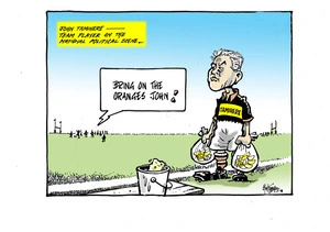 John Tamihere depicted as a boy bringing the half time oranges on to the rugby field of the '..National political scene'