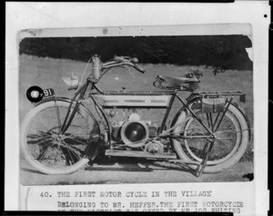 Douglas motorcycle belonging to Mr Heffer, reputedly the first motorcycle in the village of Paraparaumu, Kapiti Coast, Wellington