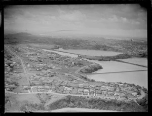 Orakei Basin, Auckland, includes housing, farmland, bridge and harbour