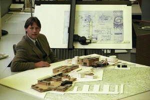 Designer Jonathan Custance with model of Chaffers and Taranaki Street wharf proposal