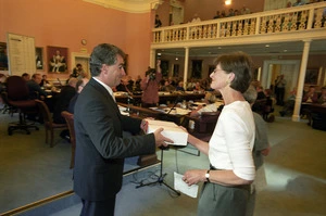 Frances Williamson presents Mark Blumsky with a petition - Photograph taken by Craig Simcox