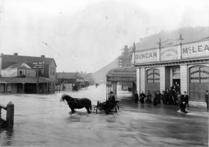 Flooding outside the shop of Duncan McLean, Greymouth