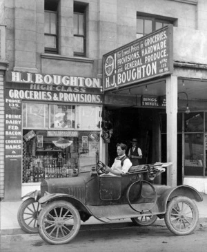 Model T Ford outside the general store of H J Boughton, Taihape