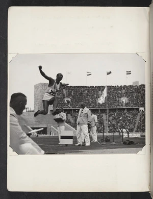 Photograph of Jesse Owens competing in the long jump at the Berlin Olympics
