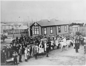 Crowd outside Kaponga Post Office, Taranaki