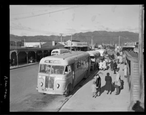 Buses and passengers at the Lower Hutt bus terminal - Photograph taken by E P Christensen