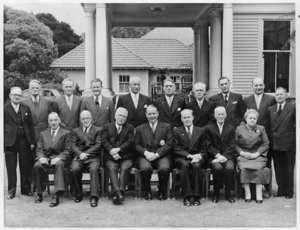 Labour Government Cabinet members, after being sworn in, with Governor-General Lord Cobham, Government House, Wellington - Photograph taken by Photo News