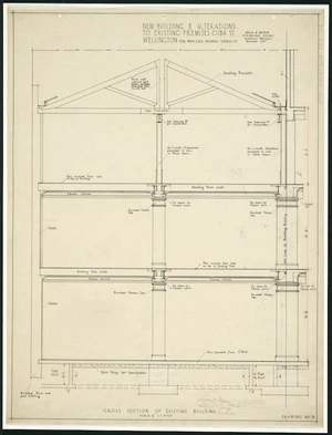 Atkins & Mitchell, architects :New building and alterations to existing premises, Cuba Street Wellington for Patrick's Drapery Stores Ltd. Scale 1/2 [inch] to 1 foot. Cross section of existing building. Drawing No. 9. November 1930