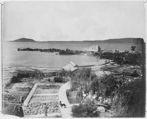 Garden at Graham/Lake House Hotel, Ohinemutu, with church in background