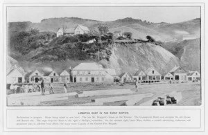 Page from a book titled Views of Wellington 1840-70, with a photograph of Lambton Quay, Wellington
