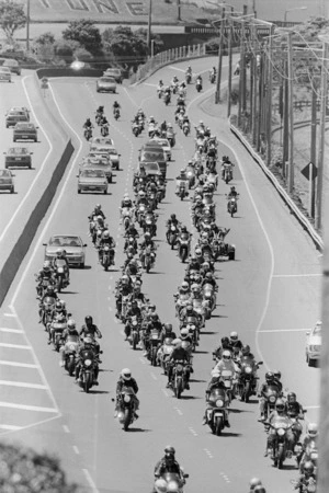 Motorcyclists coming en mass onto the motorway at Petone - Photograph taken by Mark Coote