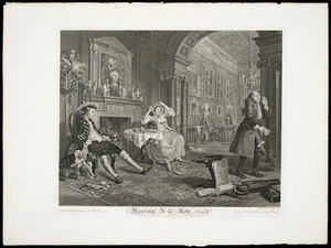 Hogarth, William, 1697-1764 :Marriage a-la-Mode. [Early in the morning]. Plate II. Invented, painted & published by Wm Hogarth. Engraved by B Baron according to Act of Parliament April 1st 1745.