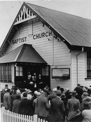 A J Stallworthy at the opening of the Sunday School building at Lyall Bay Baptist Church, Resolution Street