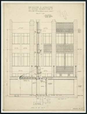 Atkins & Mitchell, architects :New building and alterations to existing premises, Cuba Street Wellington for Patrick's Drapery Stores Ltd. Scale 1/2 [inch] to 1 foot. Detail of bay no. 4. Drawing No. 11. November 1930