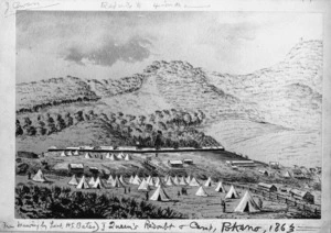 Bates, Henry Stratton, b. 1836 :Queen's Redoubt and camp, Pokeno, 1863. [Wellington, 1922]