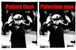 The Stroop Report photograph of a Jewish boy surrendering in Warsaw in 1943 with two captions: 'Poland Then' and 'Palestine Now'