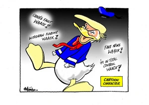President Trump depicted as Donald Duck saying COVID-19 is 'China's fault' and 'Withdraw funding', 'Fake news' and 'I'm in total control'
