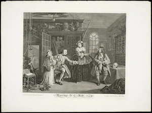Hogarth, William, 1697-1764 :Marriage a-la-Mode. [The Scene with the quack]. Plate III. Invented, painted & published by Wm Hogarth. Engraved by B Baron, according to Act of Parliament April 1st 1745.