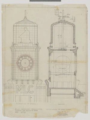 Mitchell & Mitchell (Firm): M.L.C. building Wellington. Installation of town clock. Drawing no. P2/D
