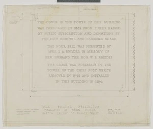 Mitchell & Mitchell (Firm): M.L.C. Building Wellington. Installation of town clock. Sketch layout of bronze tablet. Drawing no.R41/D