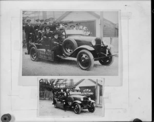 Firemen on Upper Hutt Fire Brigade fire engines