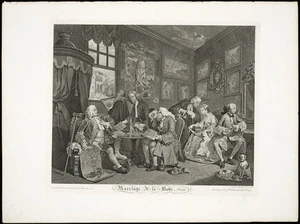 Hogarth, William, 1697-1764 :Marriage a-la-Mode. [The Marriage contract]. Plate I. Invented, painted & published by Wm Hogarth. Engraved by G Scotin, according to Act of Parliament April 1st 1745.