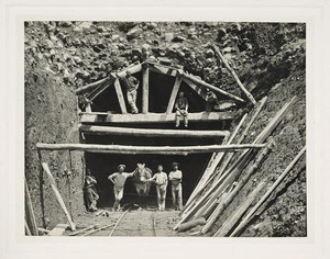 Railway workers by a tunnel under construction at Raurimu