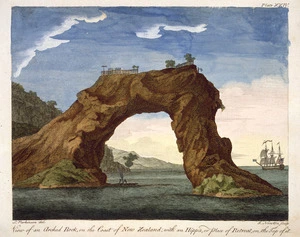 Parkinson, Sydney, 1745-1771 :View of an arched rock on the coast of New Zealand with an hippa, or place of retreat, on the top of it. S. Parkinson del; J. Newton sc. London, 1784. Plate XXIV.