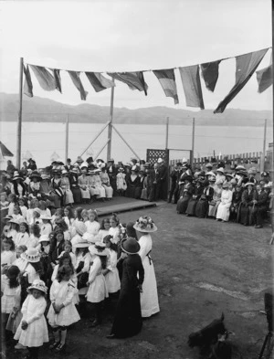 Part 2 of a 2 part panorama depicting a ceremony held at Roseneath School, Wellington