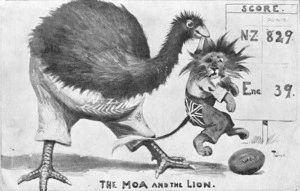 Lloyd, Trevor, 1863-1937 :The moa and the lion. [Postcard. 1905].